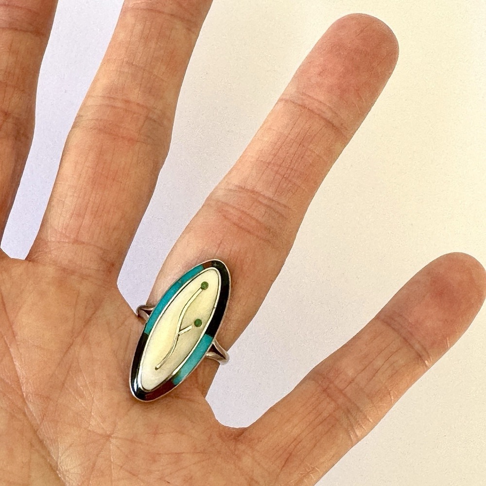 VTG Zuni Flower Turquoise Ring Sz 6 Sterling 60s Old Inlay Native Amer Marquis - Picture 2 of 8